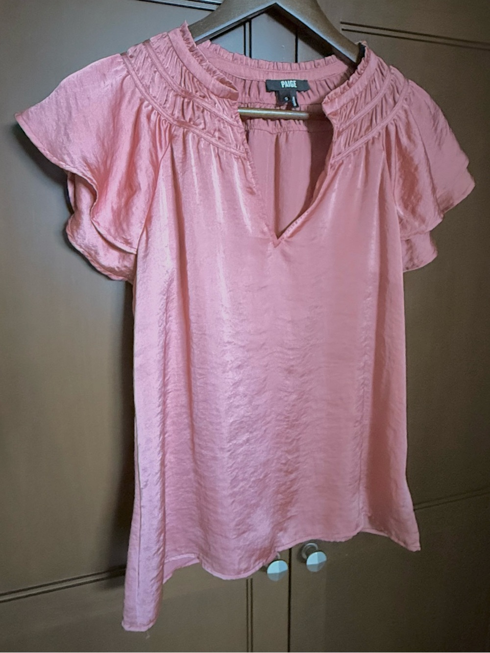 PAIGE Pink Terracotta Satin Finish Flutter Sleeve Top S - Picture 2 of 11